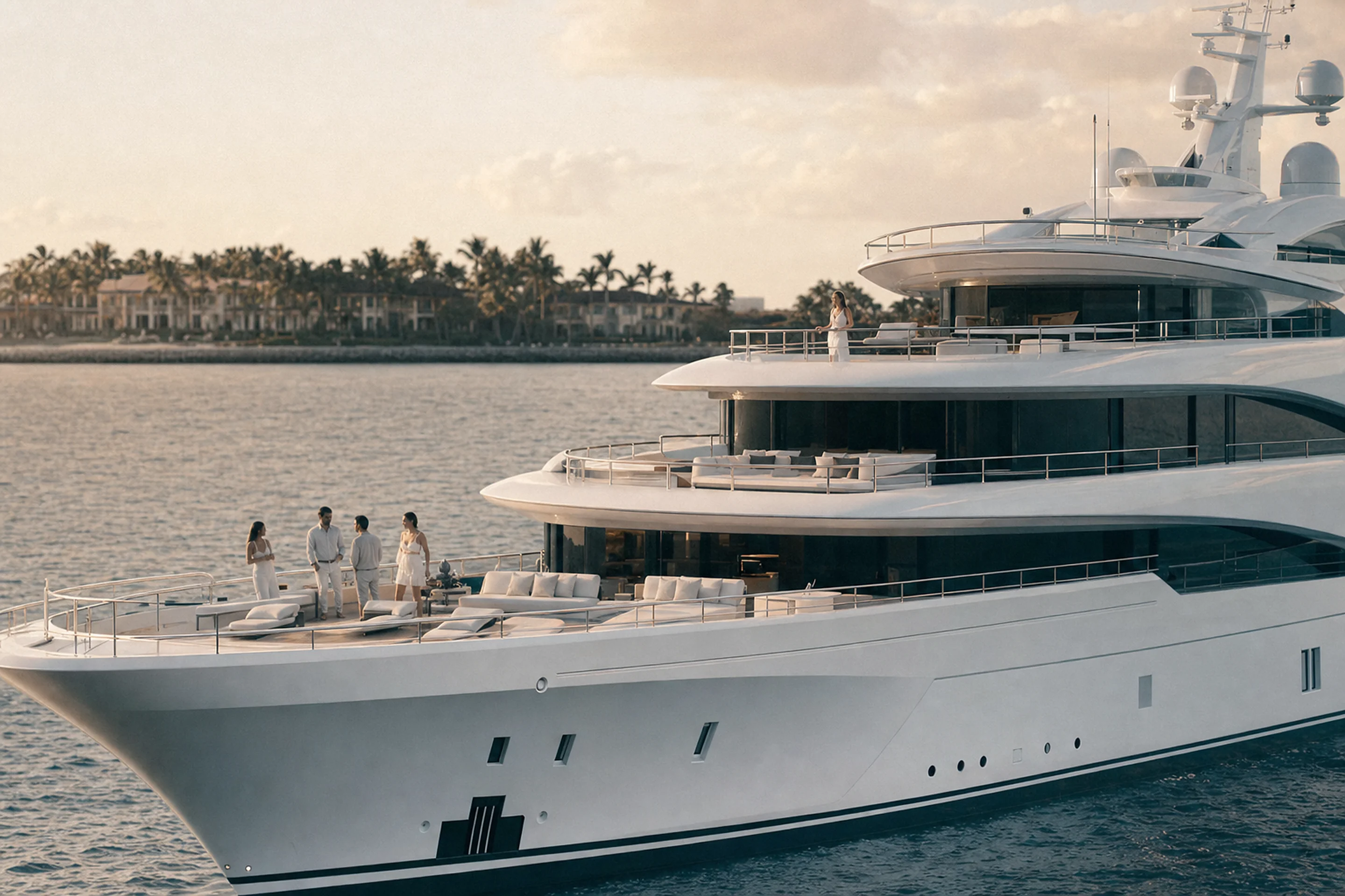 Yacht Club, a 200ft luxury superyacht off the Palm Beach coast at golden hour